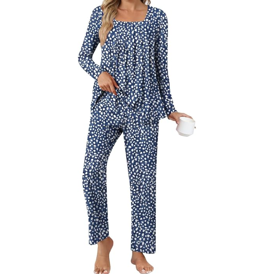Comfy 2-Piece Lounge Pajama with Pockets - Laetitia-Dots Tibetan Blue-M-Nora Luxe