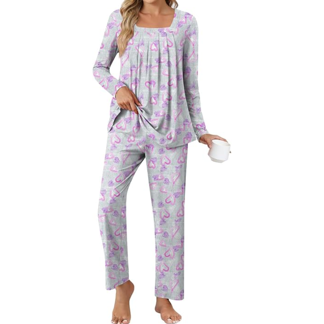 Comfy 2-Piece Lounge Pajama with Pockets - Laetitia-Pink Heart-M-Nora Luxe