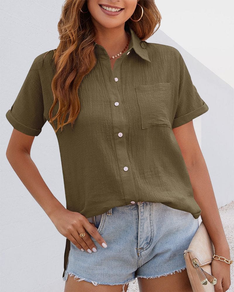Cotton Blouse with Short Sleeves and Button Closure - Elin-Olive green-S-Nora Luxe