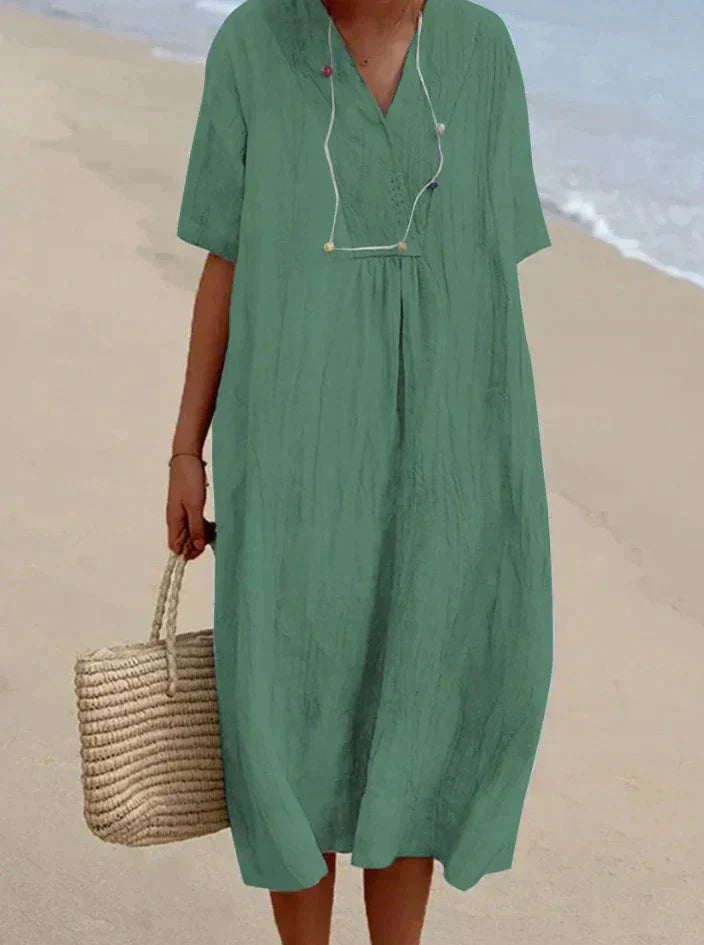 Cotton Linen Summer Dress - Aria-Green-S-Nora Luxe