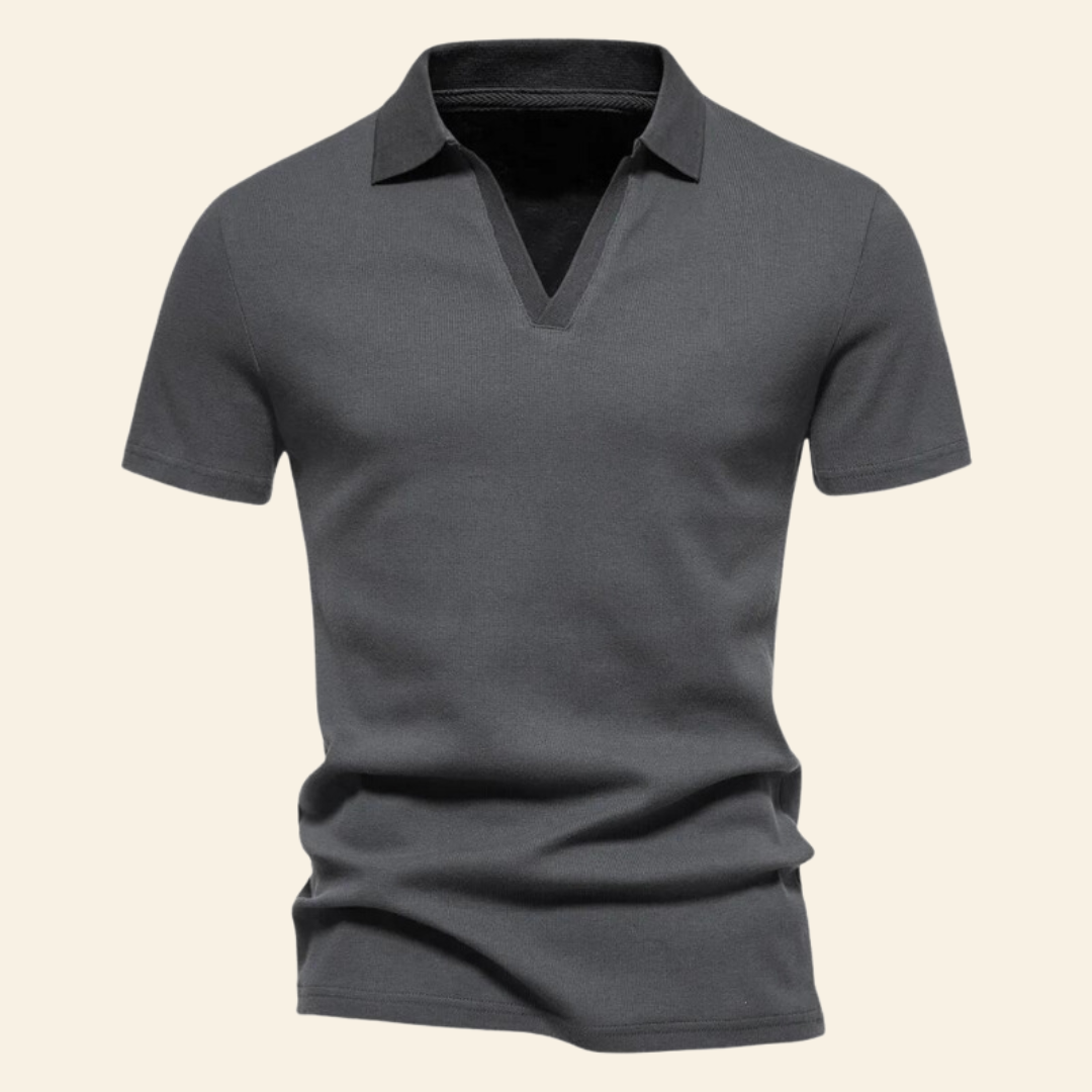Cotton V-neck Polo - Oliver-Dark Grey-S-Nora Luxe