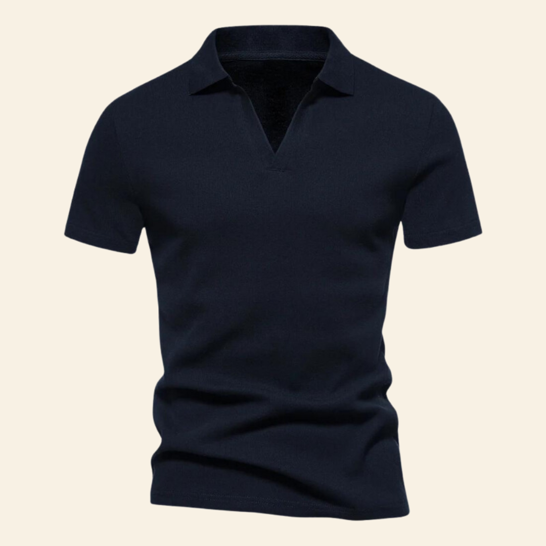 Cotton V-neck Polo - Oliver-Marine Blue-S-Nora Luxe