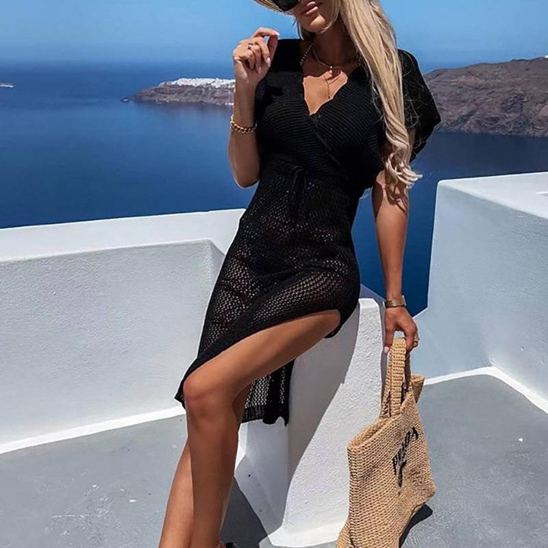 Crochet Beach Dress with Waist Ribbon – Yara-Black-S-State of Style