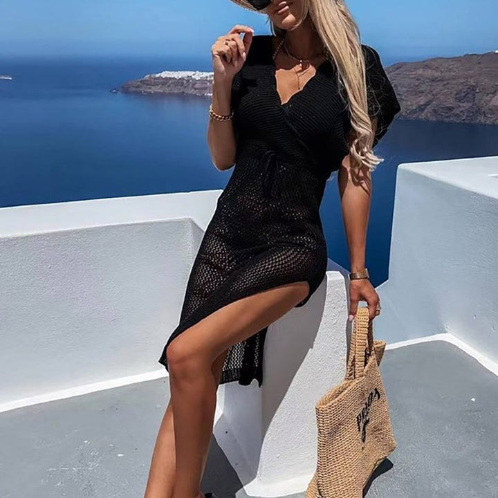 Crochet Beach Dress with Waist Ribbon – Yara-Black-S-State of Style