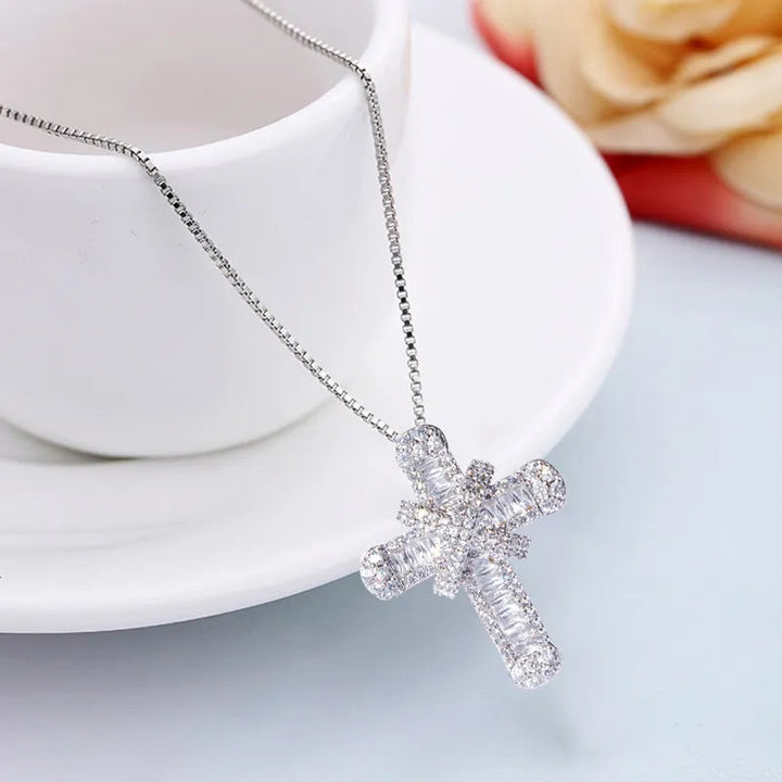 Crystal Cross Charm Necklace | Elegant Jewellery-Mary-Silver-Nora Luxe