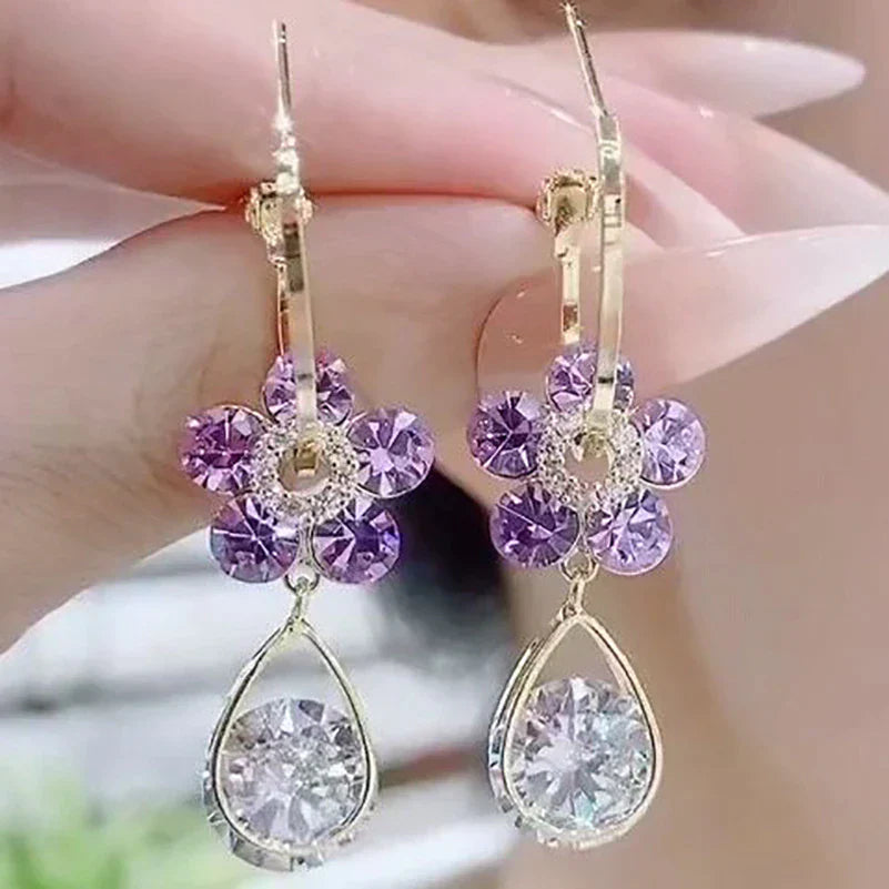 Crystal Flower Earrings-Blue-Nora Luxe