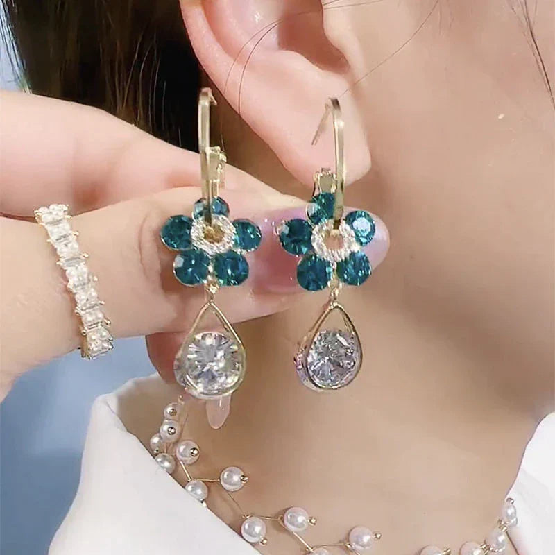 Crystal Flower Earrings-Blue-Nora Luxe