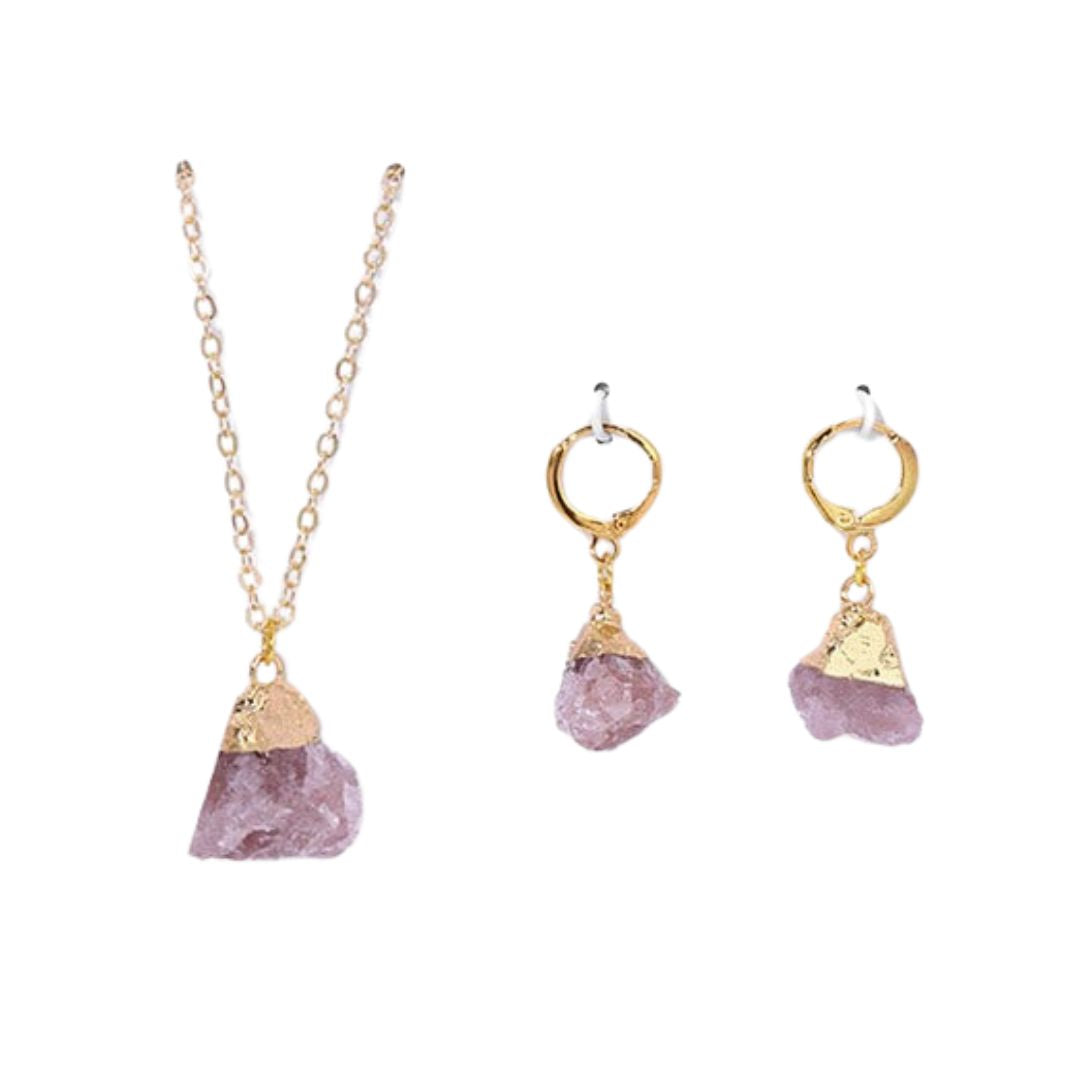 Crystal Jewelry Set Necklace and Earrings - Elara-Strawberry Quartz-Nora Luxe