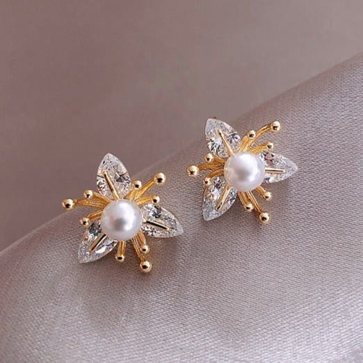 Crystal & Pearl Flower Earrings - Leanne-Nora Luxe