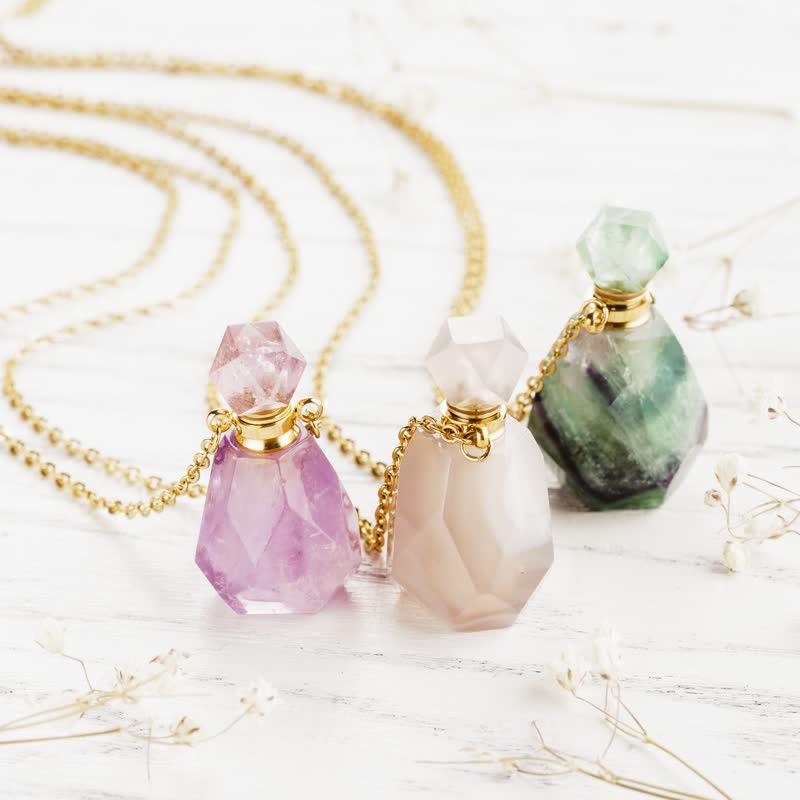 Crystal Perfume Bottle Necklace - Iris-Rose quartz-Nora Luxe
