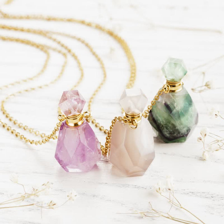 Crystal Perfume Bottle Necklace - Iris-Rose quartz-Nora Luxe
