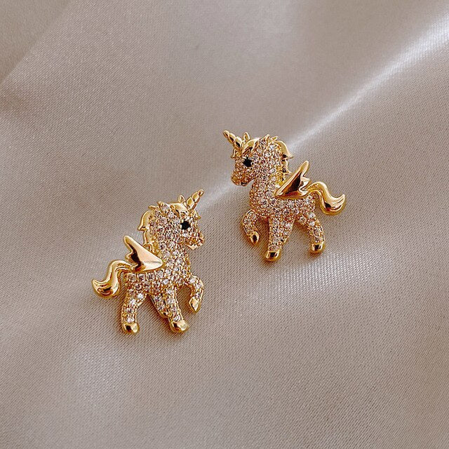 Cute Golden Unicorn Zirconia Earrings - Celestia-Nora Luxe