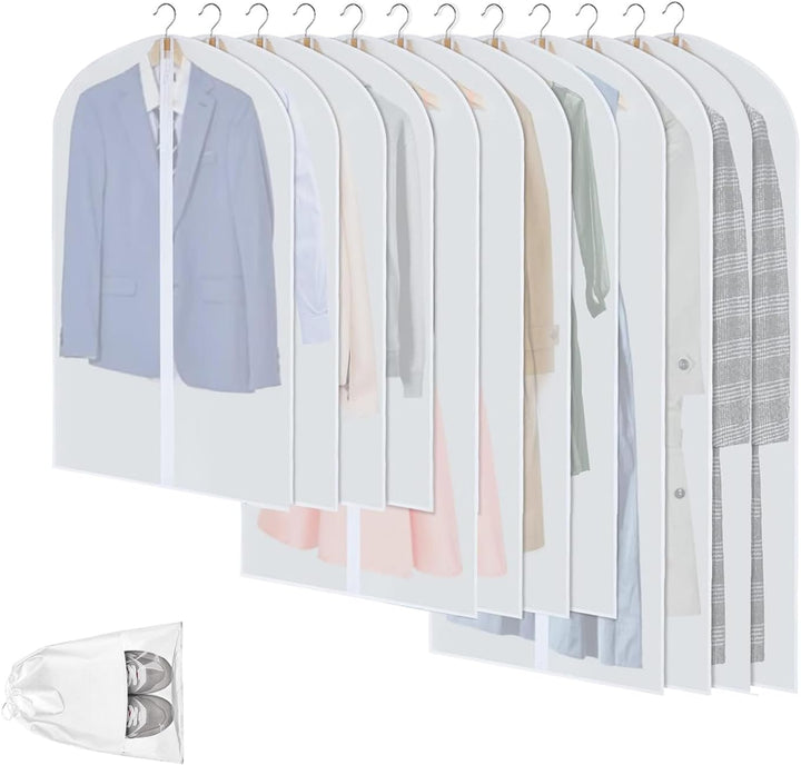 Clear PEVA Garment Storage Bags – 12 Pack Dustproof Clothes Protectors – 1+1 FREE