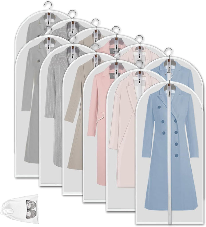 Clear PEVA Garment Storage Bags – 12 Pack Dustproof Clothes Protectors – 1+1 FREE