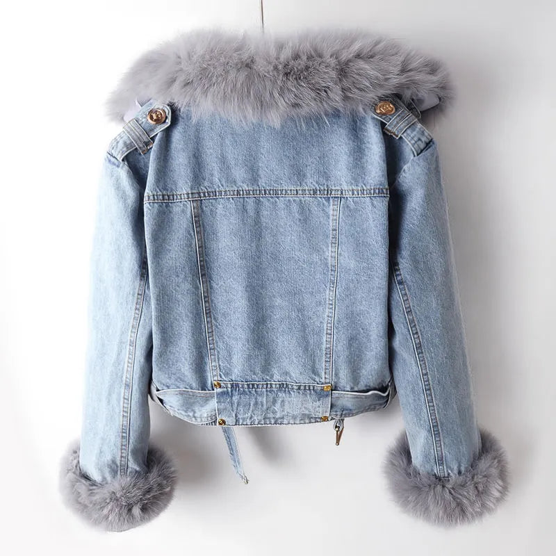 Denim and Faux Fur Elegance Jacket - Stella-Blue-XS-Nora Luxe