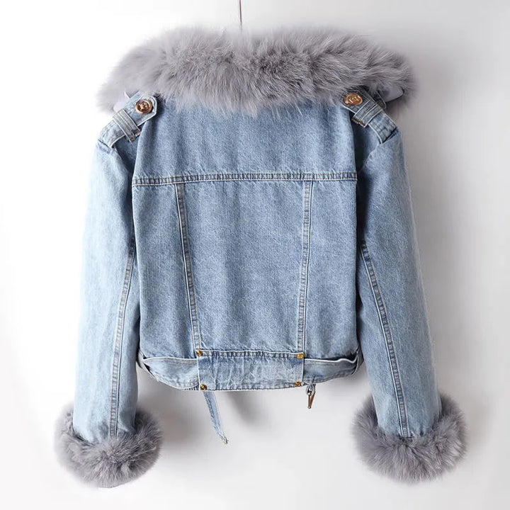 Denim and Faux Fur Elegance Jacket - Stella-Blue-XS-Nora Luxe