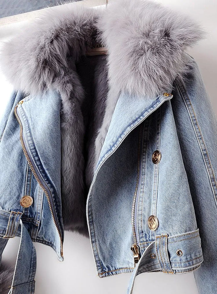 Denim and Faux Fur Elegance Jacket - Stella-Blue-XS-Nora Luxe