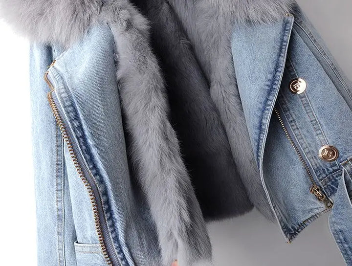 Denim and Faux Fur Elegance Jacket - Stella-Blue-XS-Nora Luxe