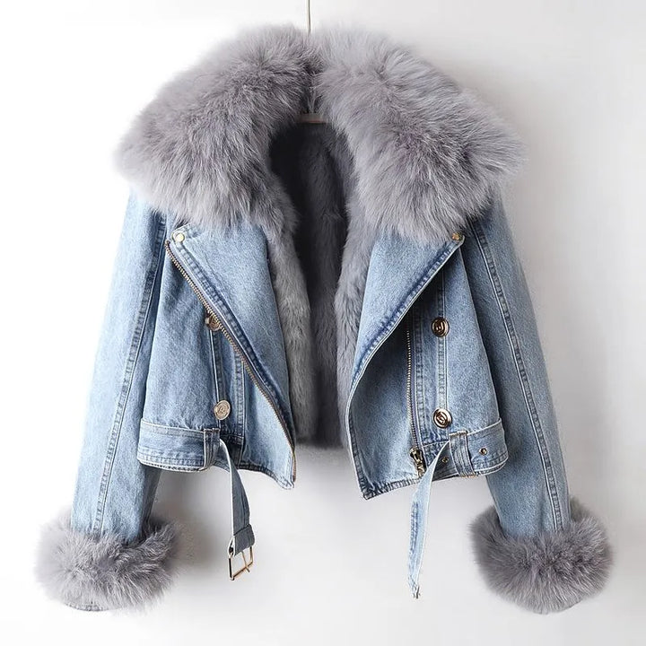 Denim and Faux Fur Elegance Jacket - Stella-Blue-XS-Nora Luxe