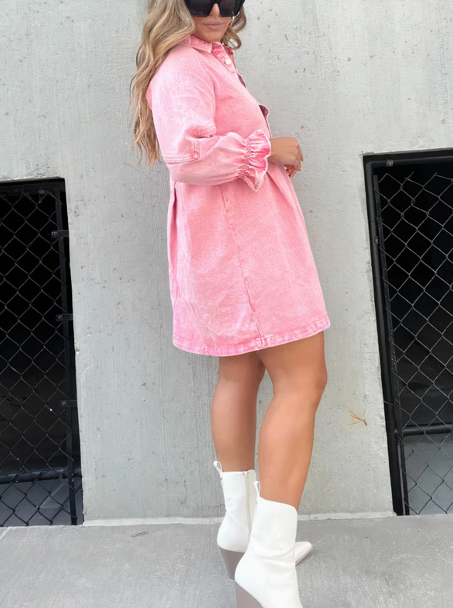 Denim Dress with Long Sleeves – Noor-Pink-S-State of Style