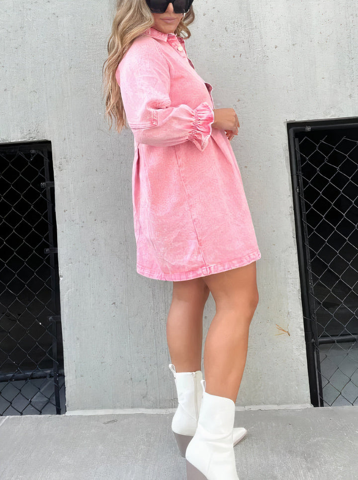 Denim Dress with Long Sleeves – Noor-Pink-S-State of Style