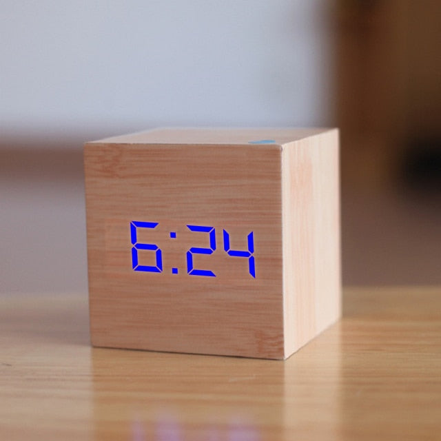 Digital LED Alarm Clock – CubeGlow-Wood & Blue-The Livary