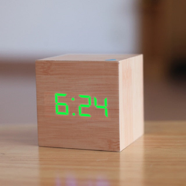 Digital LED Alarm Clock – CubeGlow-Wood green-The Livary