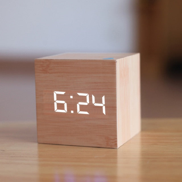 Digital LED Alarm Clock – CubeGlow-Wood & White-The Livary