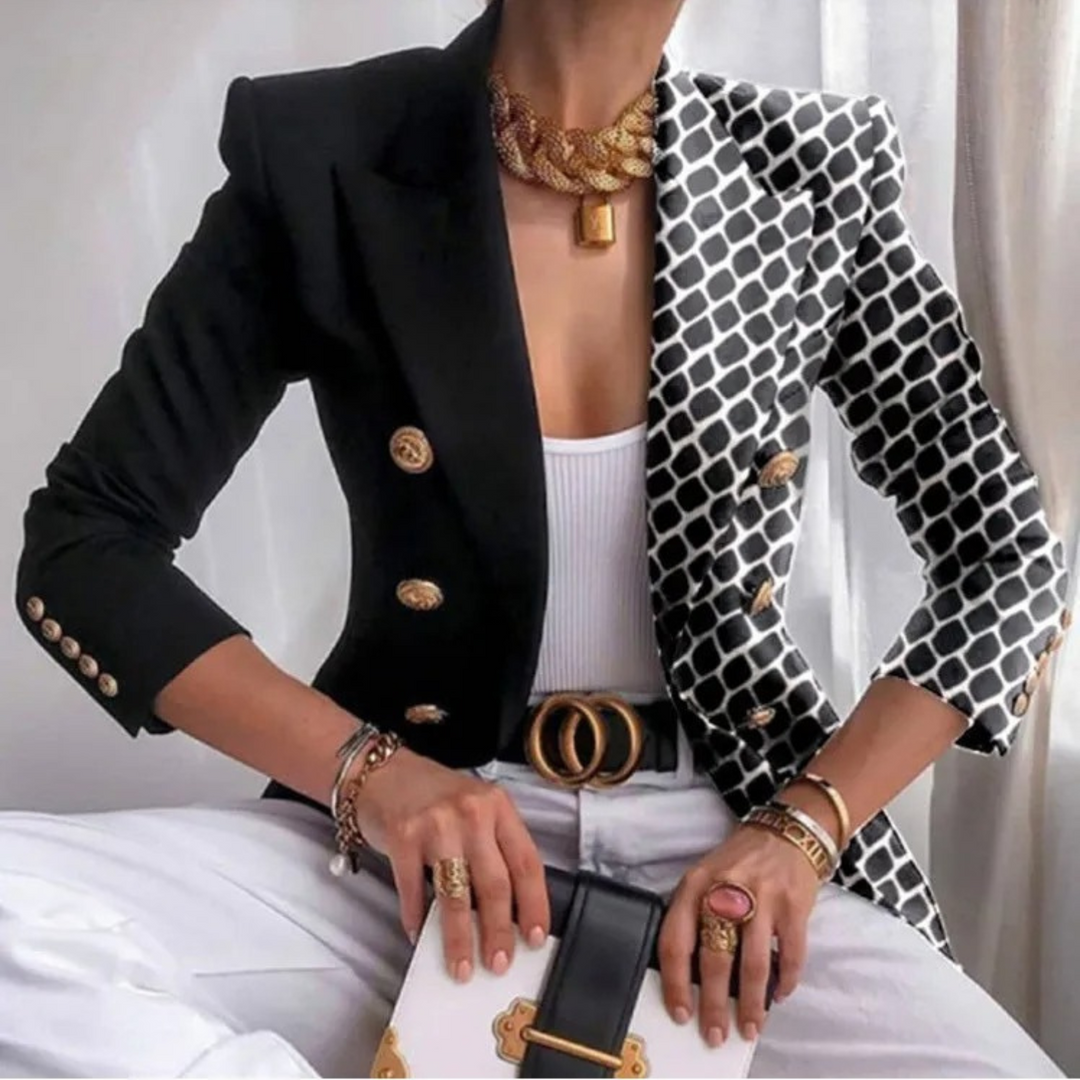 Double-breasted Ladies Blazer with Lapels - Eleganza-Black and white-S-Nora Luxe
