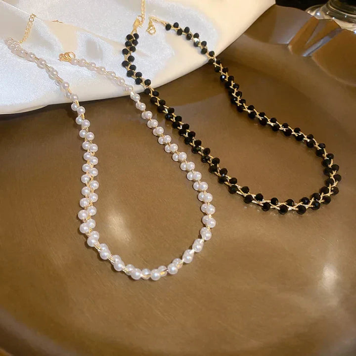 Double Crystals and Pearls Necklace - Amira-Black Crystal-Nora Luxe
