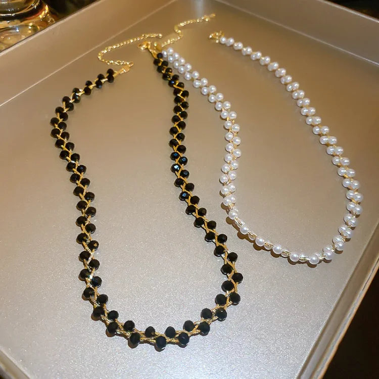 Double Crystals and Pearls Necklace - Amira-Black Crystal-Nora Luxe