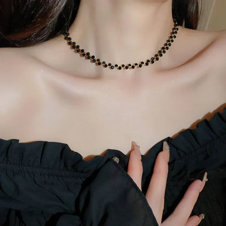 Double Crystals and Pearls Necklace - Amira-Black Crystal-Nora Luxe