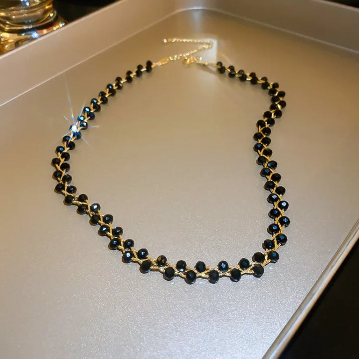 Double Crystals and Pearls Necklace - Amira-Black Crystal-Nora Luxe