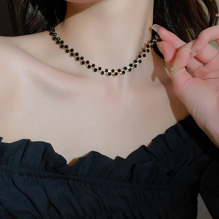 Double Crystals and Pearls Necklace - Amira-Black Crystal-Nora Luxe