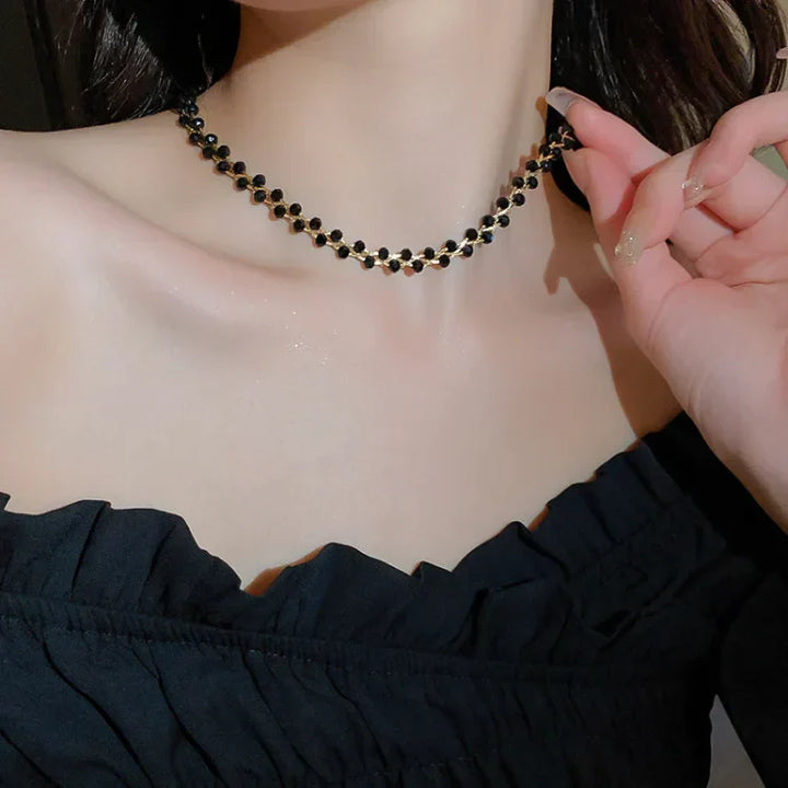 Double Crystals and Pearls Necklace - Amira-Black Crystal-Nora Luxe