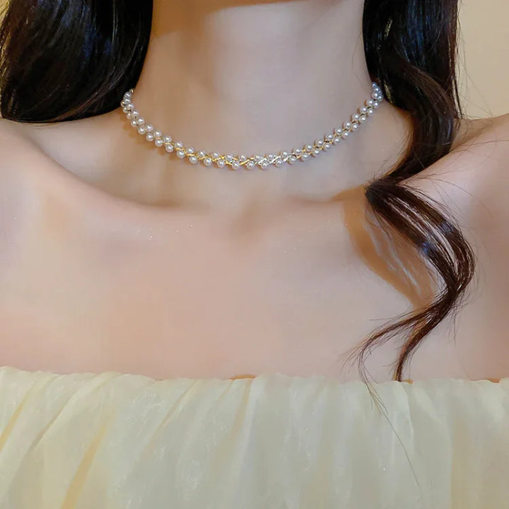 Double Crystals and Pearls Necklace - Amira-Black Crystal-Nora Luxe