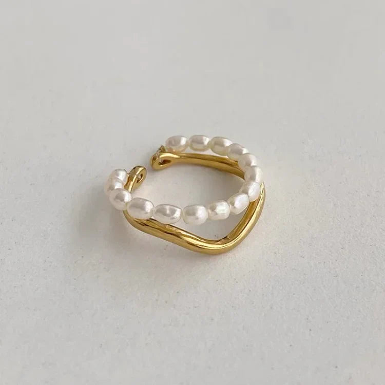 Double Layered Gold Ring with Freshwater Pearl - Ivy-Nora Luxe