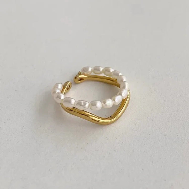 Double Layered Gold Ring with Freshwater Pearl - Ivy-Nora Luxe