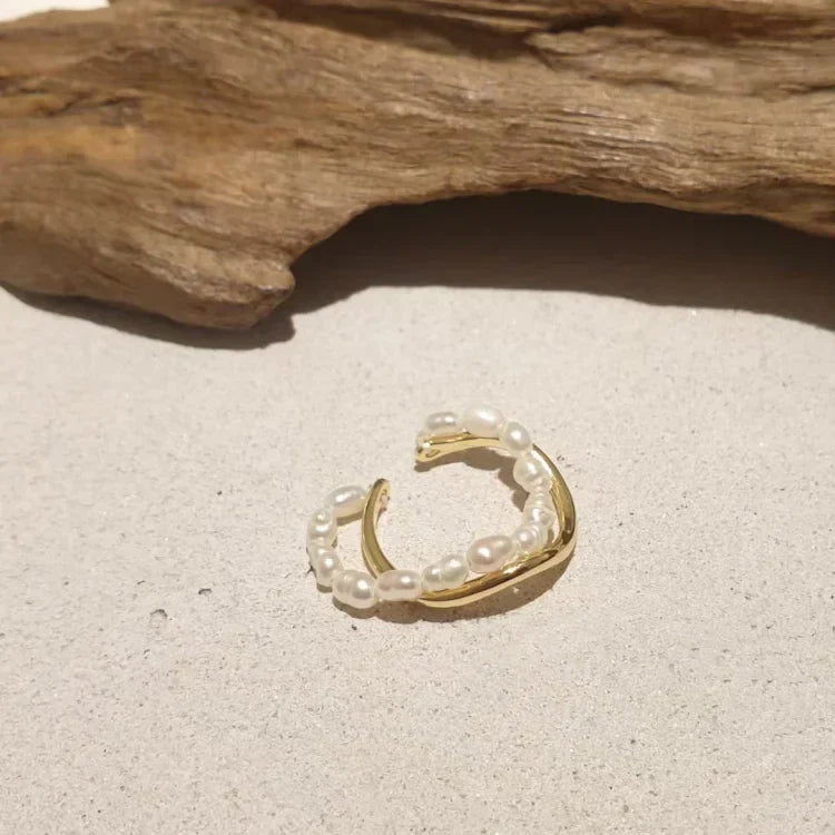 Double Layered Gold Ring with Freshwater Pearl - Ivy-Nora Luxe
