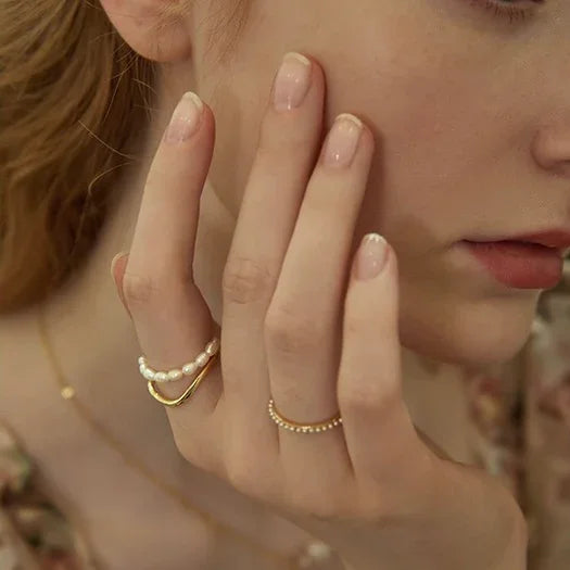 Double Layered Gold Ring with Freshwater Pearl - Ivy-Nora Luxe