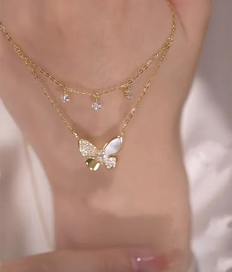 Double-layered Zirconia and Mother-of-pearl Butterfly Necklace - Elayna-Nora Luxe