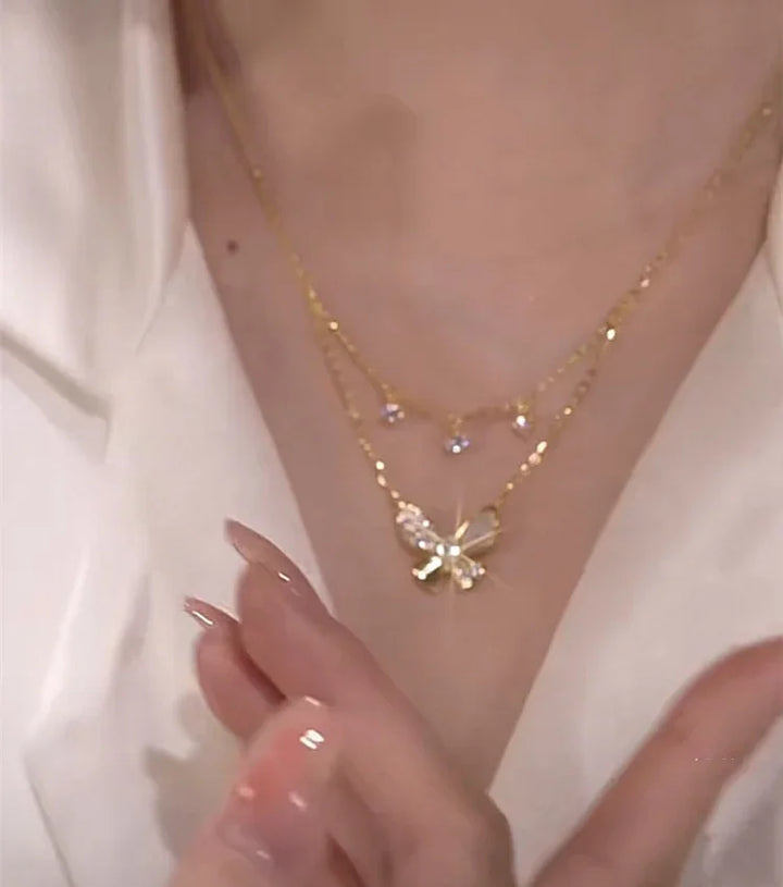Double-layered Zirconia and Mother-of-pearl Butterfly Necklace - Elayna-Nora Luxe