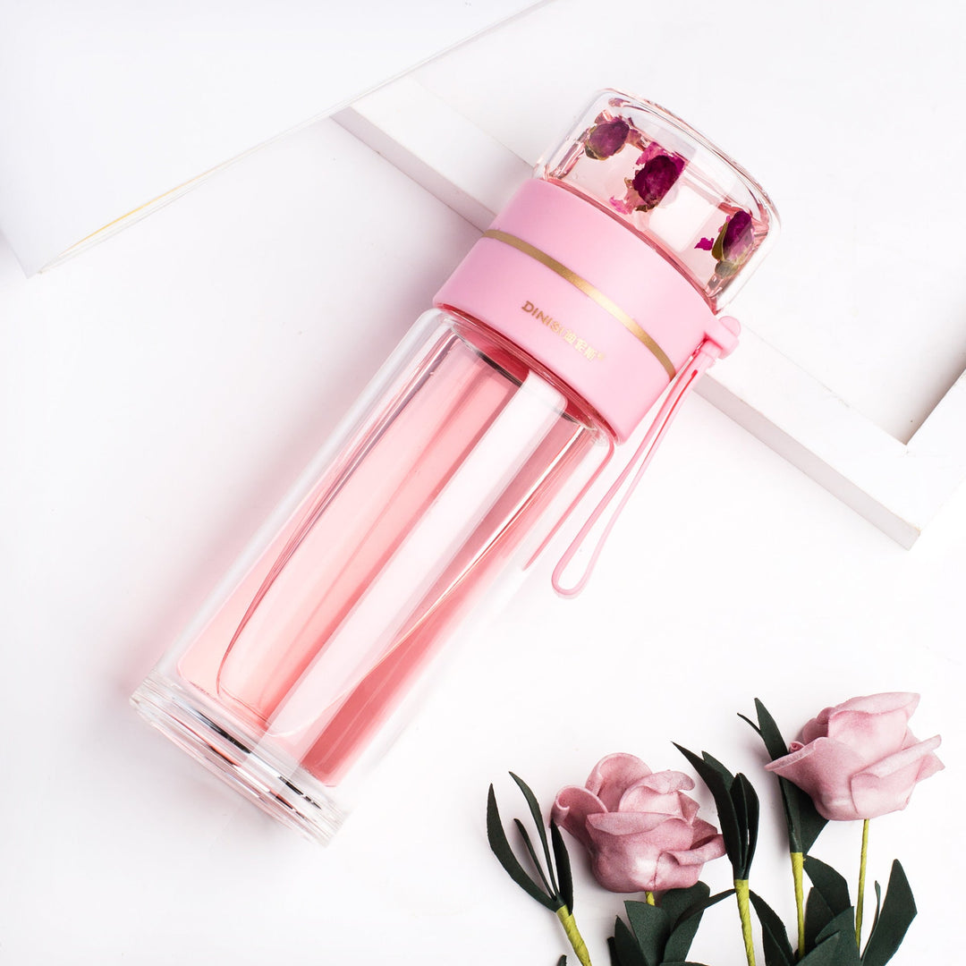 Double-Walled Glass Water Bottle with Tea Infuser - PureBrew-Pink-Nora Luxe