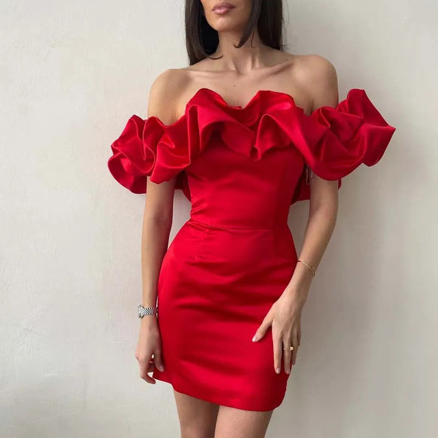 Dress with Asymmetrical Shoulder Line – Elin-Red-XS-State of Style