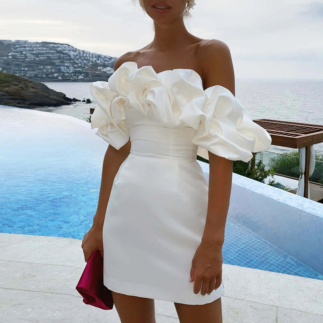 Dress with Asymmetrical Shoulder Line – Elin-White-XS-State of Style