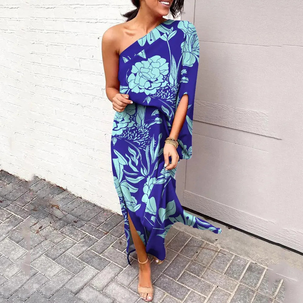 Dress with Diagonal Shoulder Line - Mila-Blue-S-Nora Luxe
