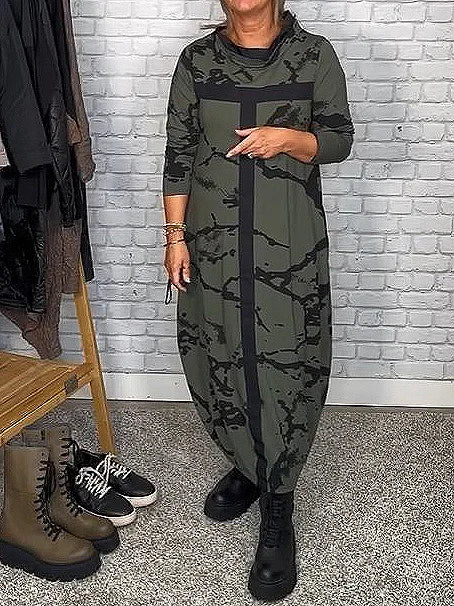 Dress with Long Sleeves and Retro Pattern – Livienne-Green-S-The Livary