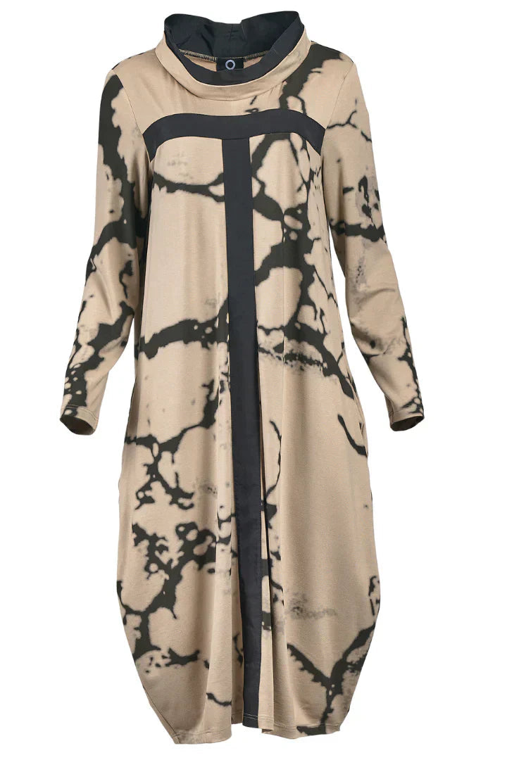 Dress with Long Sleeves and Retro Pattern – Livienne-Khaki-S-The Livary