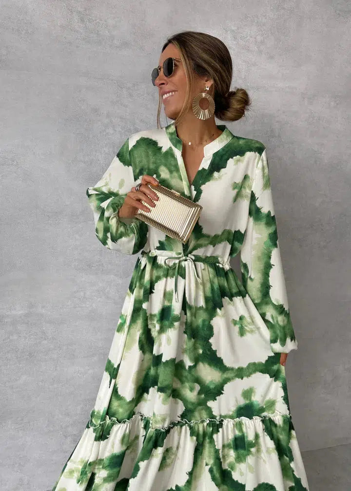 Drizella - Green maxi dress with long sleeves and pointed neckline-S-Nora Luxe