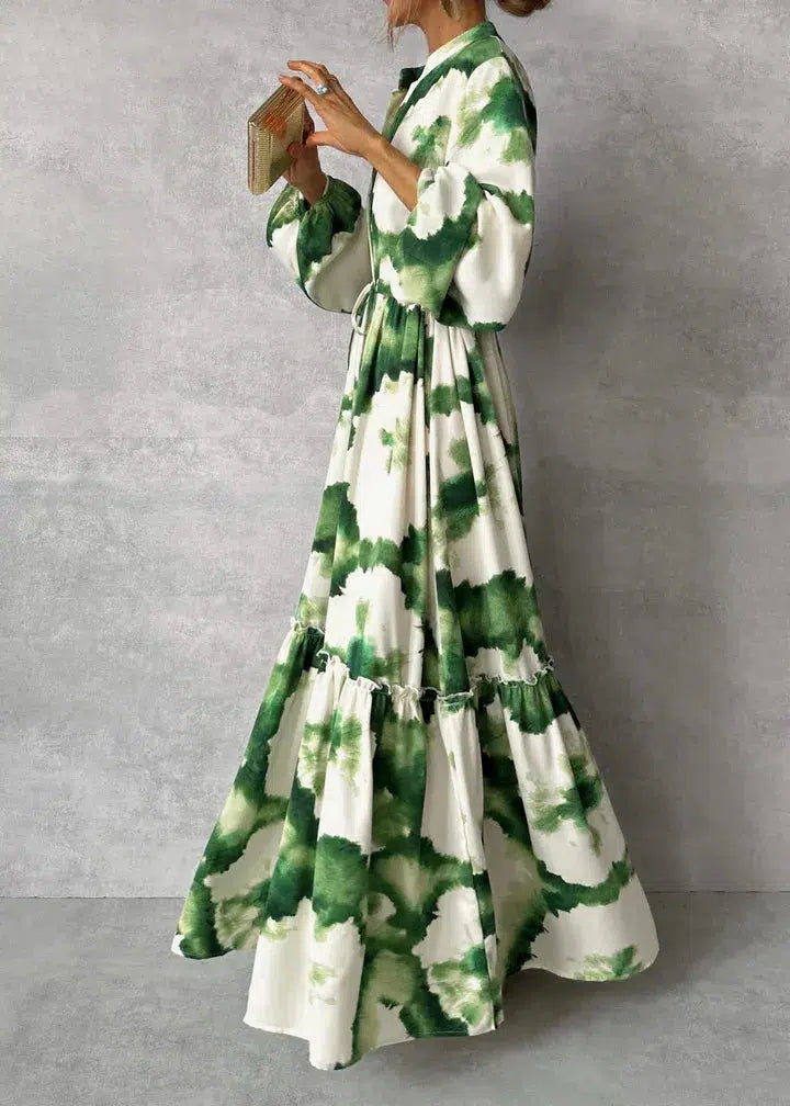 Drizella - Green maxi dress with long sleeves and pointed neckline-S-Nora Luxe